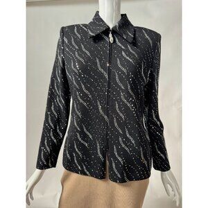 St. John Evening Black Knit Jacket W/ Rhinestone Accents & Zipper Pull Size 4